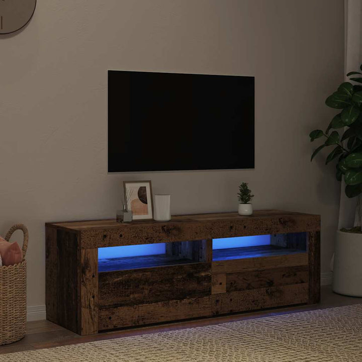 tv-bord m. LED-lys 120x35x40 cm konstrueret træ antikt træ