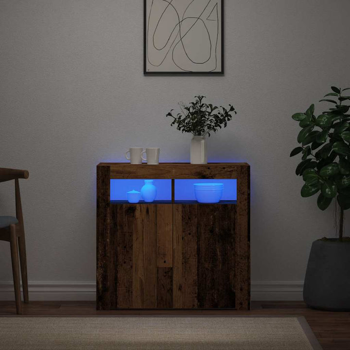 skænk med LED-lys 80x35x75 cm konstrueret træ antikt træ