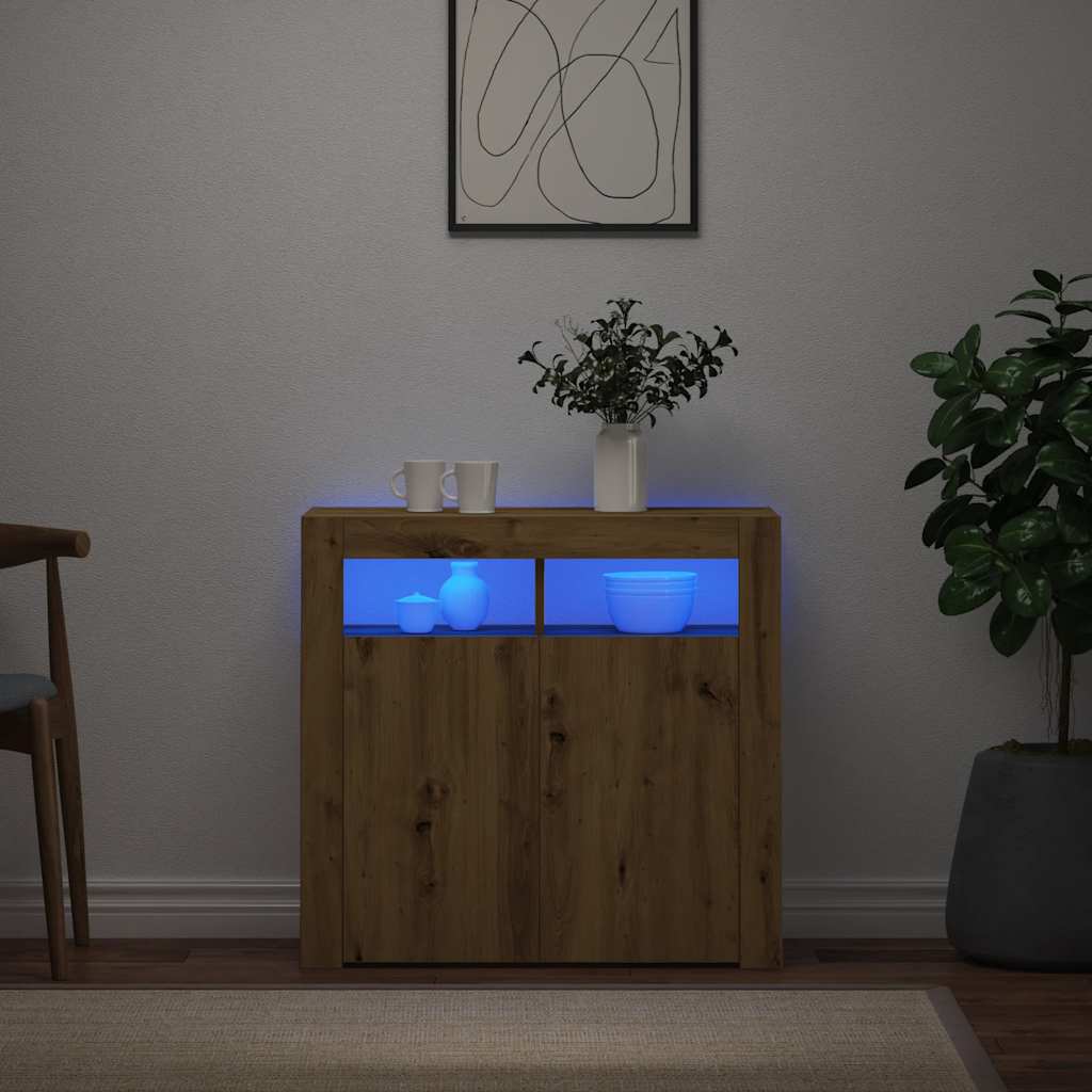 skænk med LED-lys 80x35x75 cm konstrueret træ kunsteg
