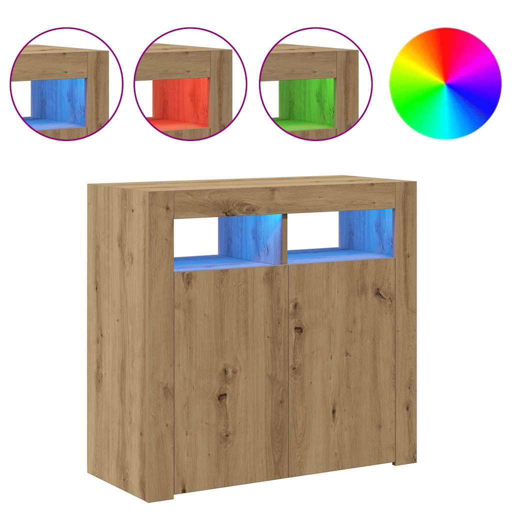 skænk med LED-lys 80x35x75 cm konstrueret træ kunsteg