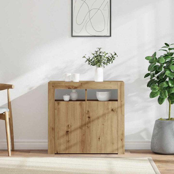 skænk med LED-lys 80x35x75 cm konstrueret træ kunsteg