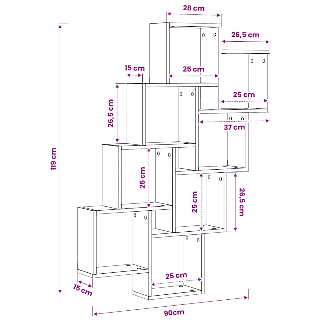 vægreol 90x15x119,5 cm kubeformet konstrueret træ kunsteg