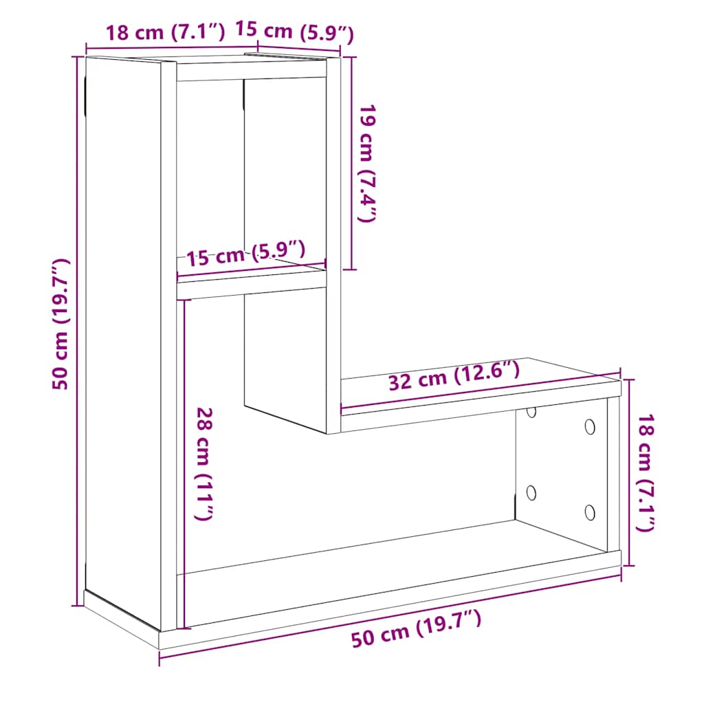 væghylder 2 stk. 50x15x50 cm kubeformet konstrueret træ kunsteg