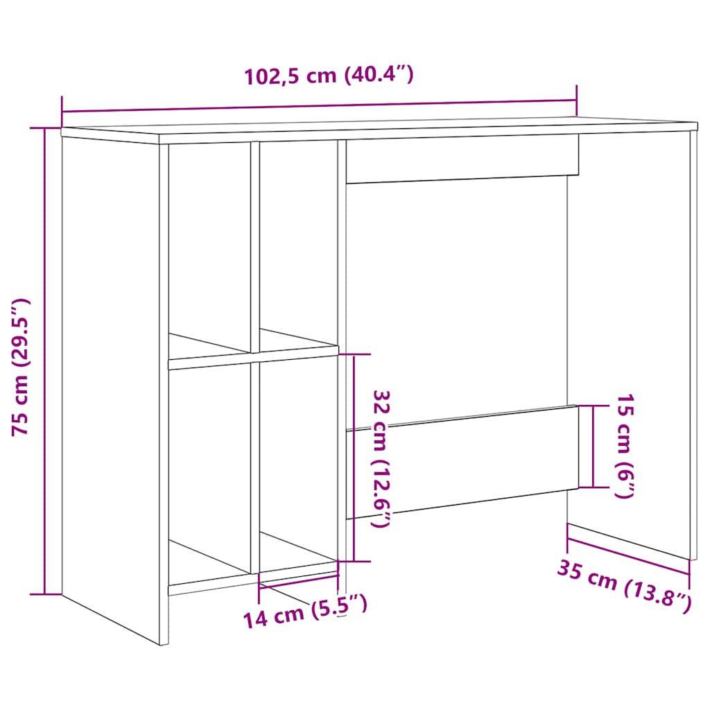 skrivebord 102,5x35x75 cm konstrueret træ kunsteg