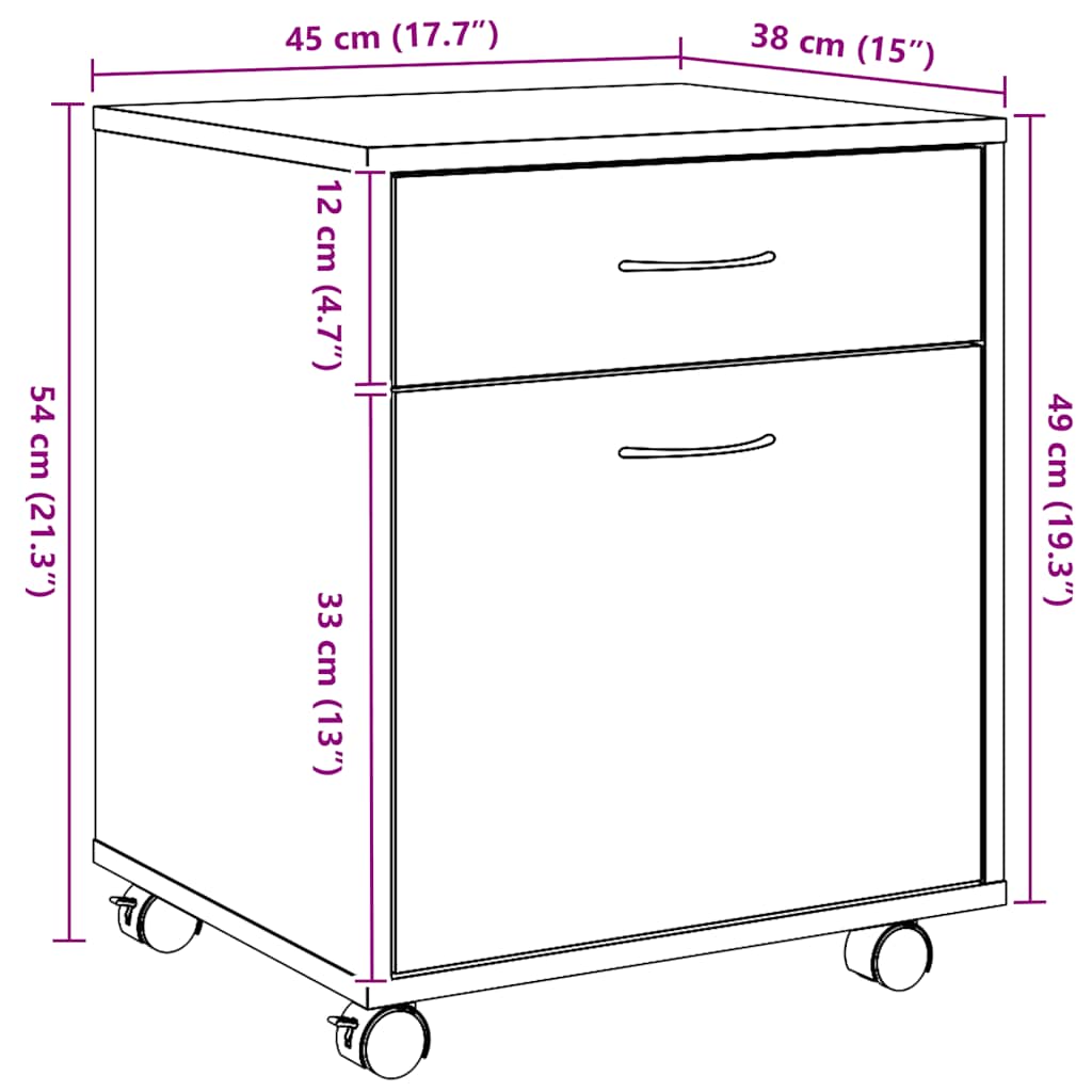 rullebord 45x38x54 cm konstrueret træ kunsteg