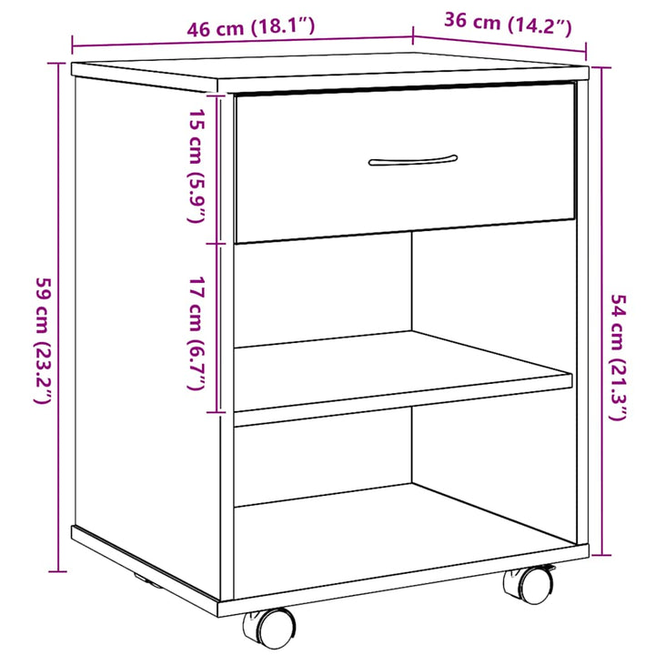 rullebord 46x36x59 cm konstrueret træ kunsteg