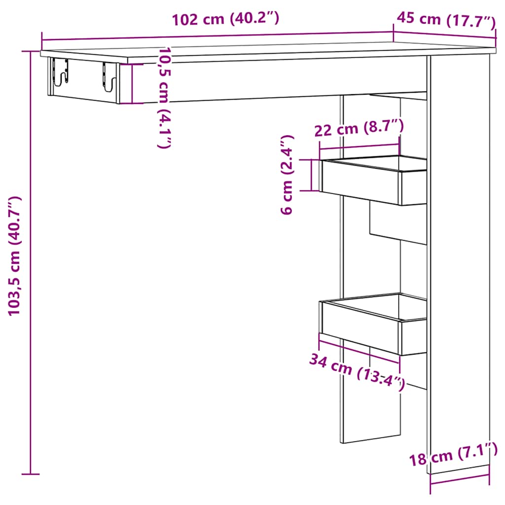 vægmonteret barbord 102x45x103,5 cm konstrueret træ kunsteg