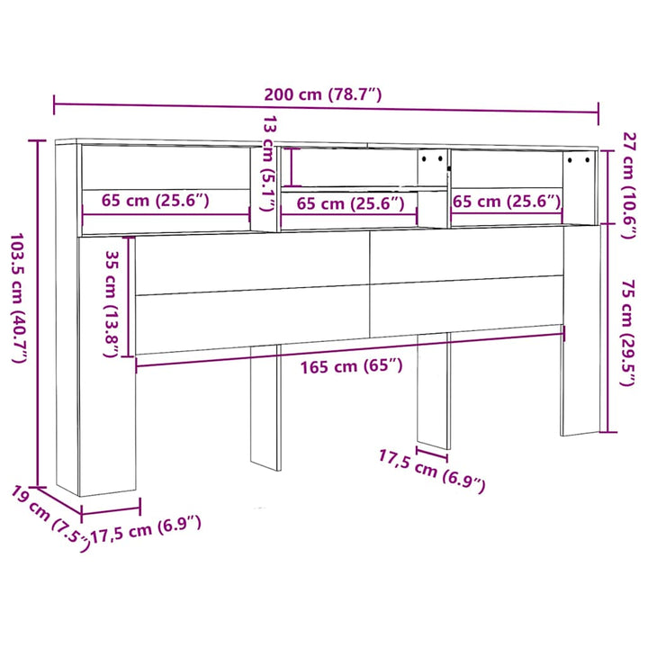 sengegavl med opbevaring 200x19x103,5 cm konstrueret træ