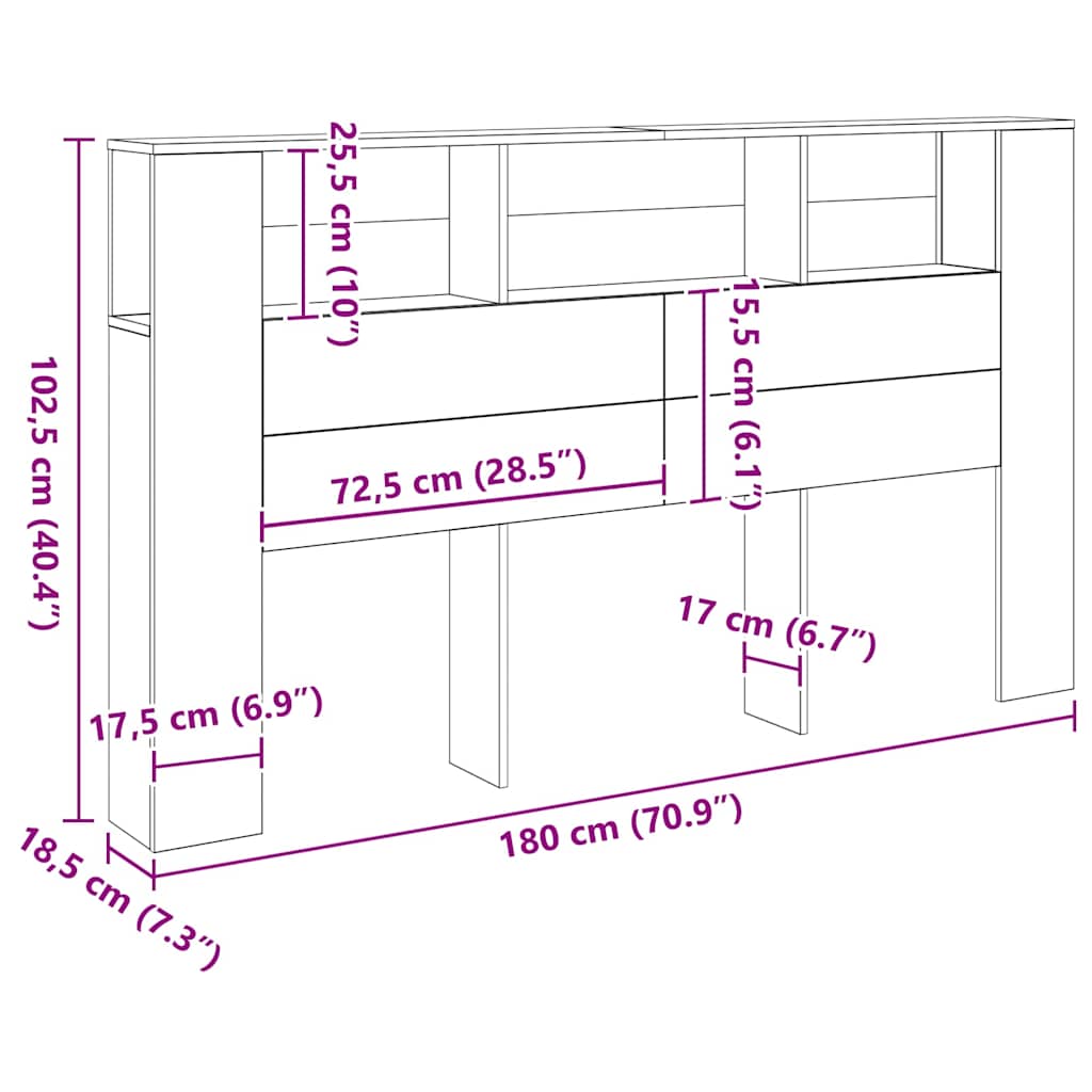 sengegavl m.opbevaring 180x18,5x102,5cm konstrueret træ kunsteg