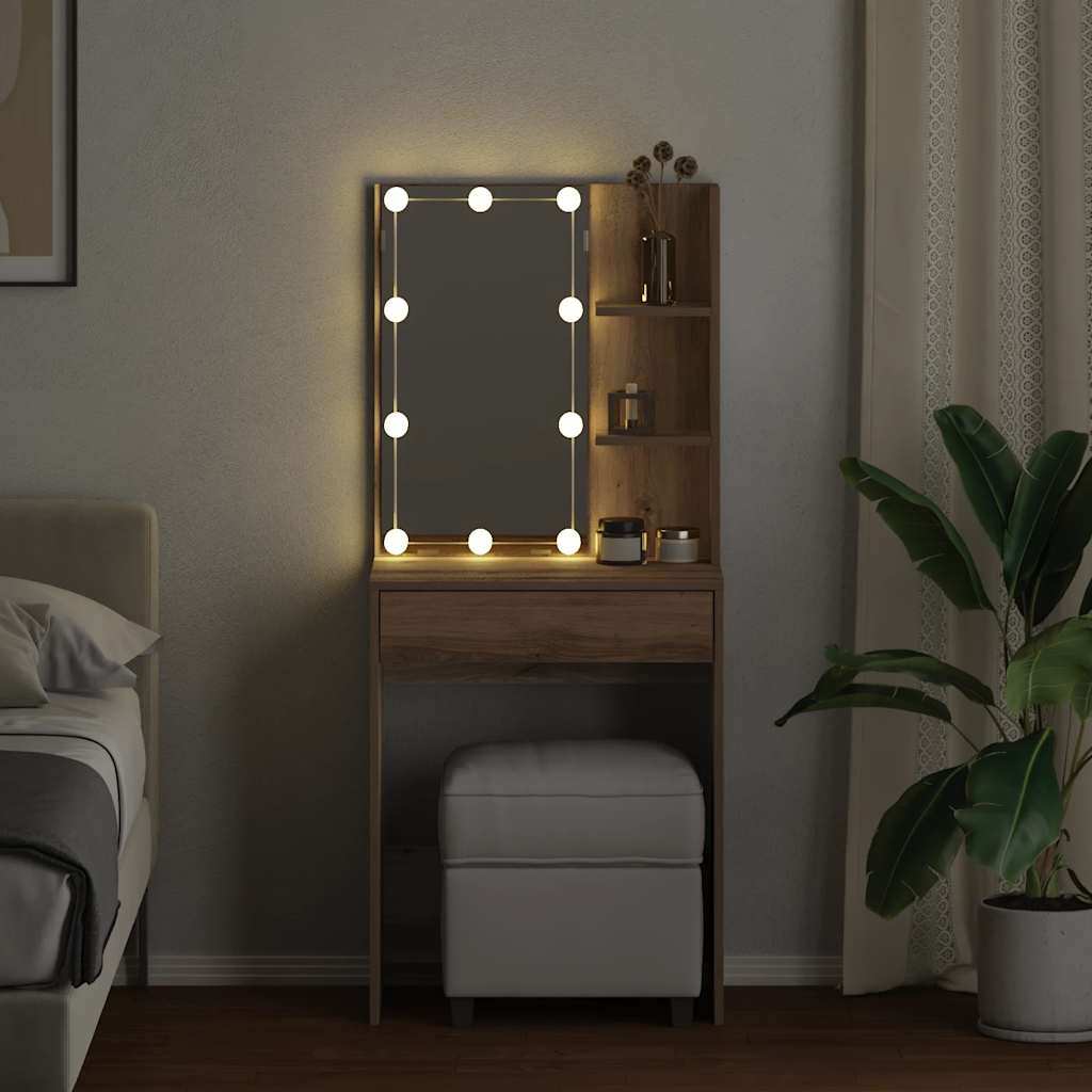 makeupbord med LED-lys 60x40x140 cm kunsteg
