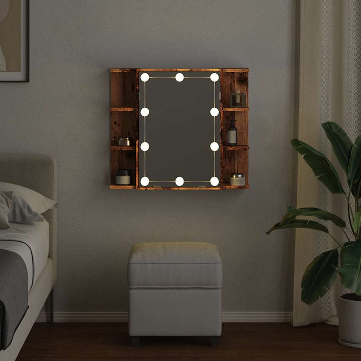 spejlskab med LED-lys 70x16,5x60 cm gammelt træ-look