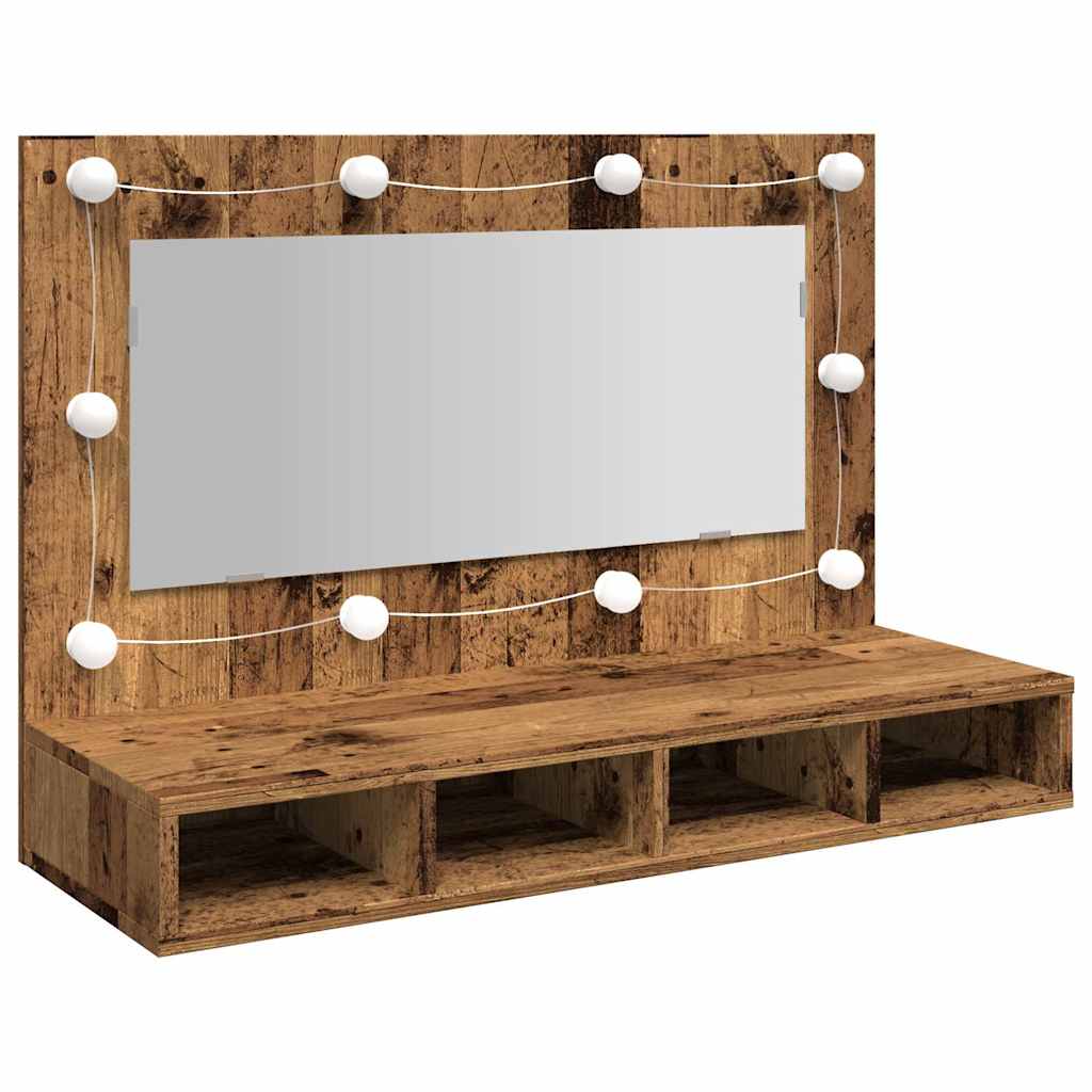 spejlskab med LED-lys 90x31,5x62 cm gammelt træ-look
