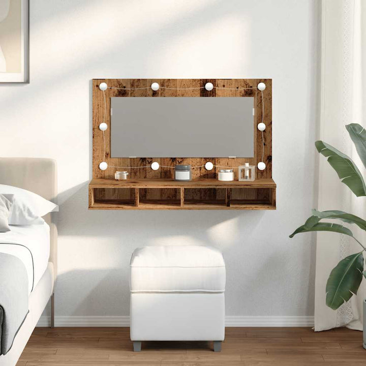 spejlskab med LED-lys 90x31,5x62 cm gammelt træ-look