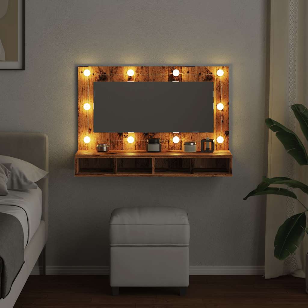 spejlskab med LED-lys 90x31,5x62 cm gammelt træ-look