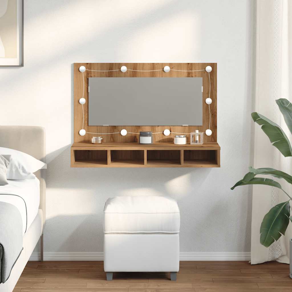 spejlskab med LED kunstig eg 90x31,5x62 cm