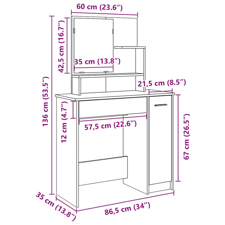 makeupbord med spejl 86,5x35x136 cm gammelt træ-look