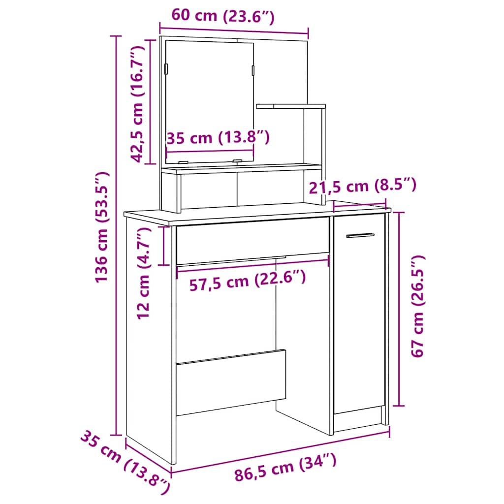 makeupbord med spejl 86,5x35x136 cm gammelt træ-look