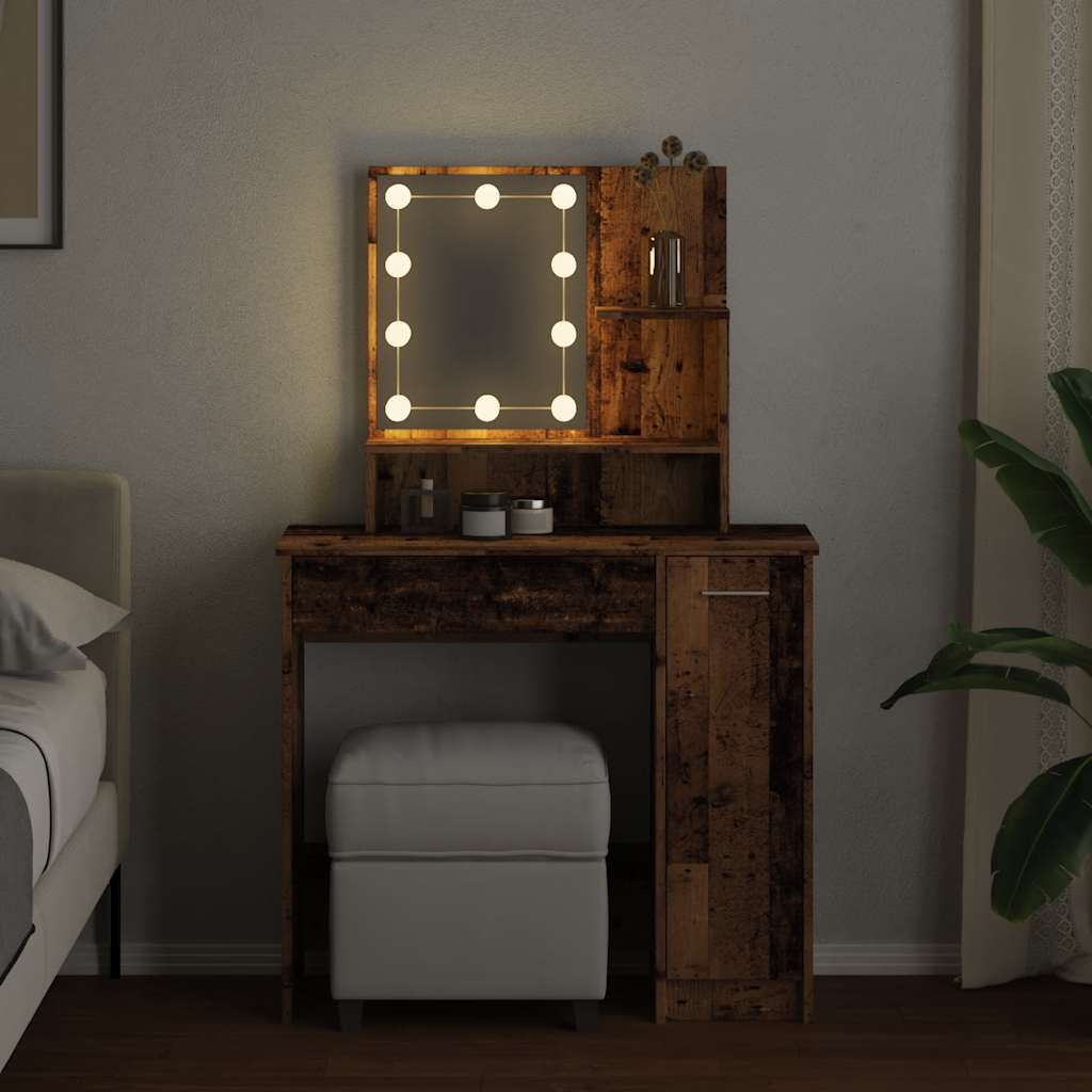 makeupbord med LED-lys 86,5x35x136 cm antikt trælook