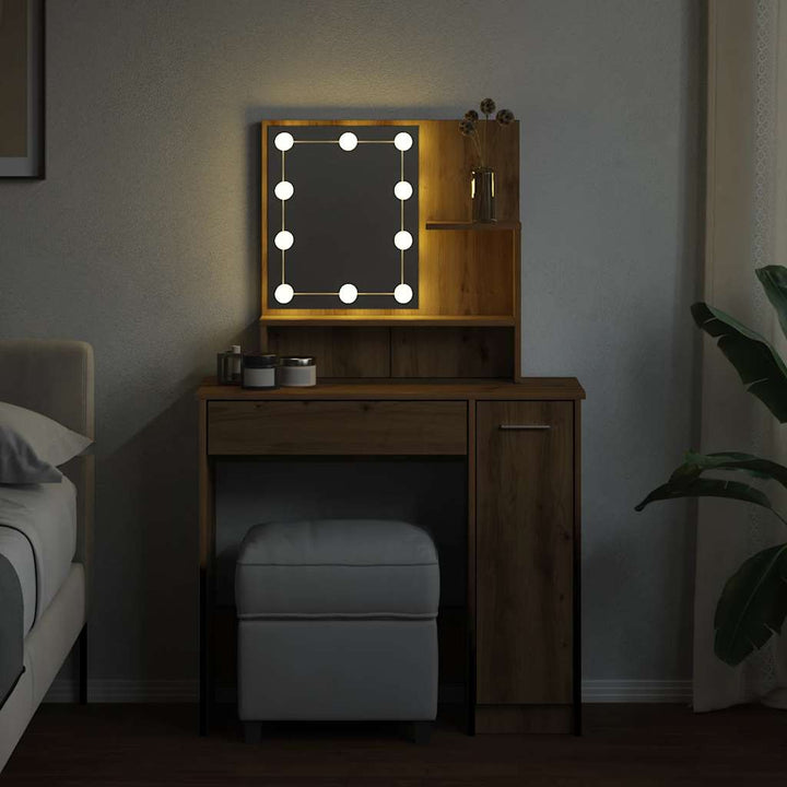 makeupbord med LED-lys 86,5x35x136 cm kunsteg
