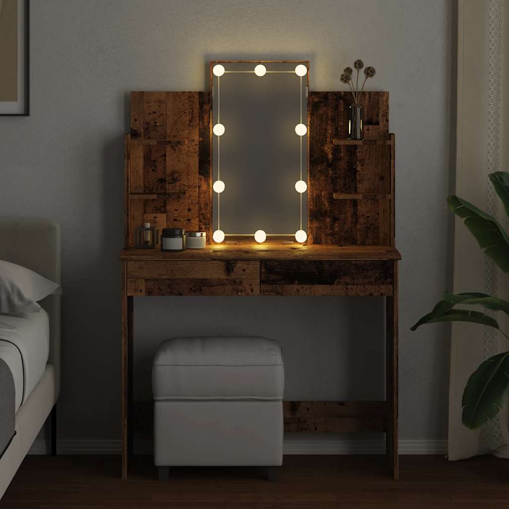 makeupbord med LED-lys 96x40x142 cm antikt trælook