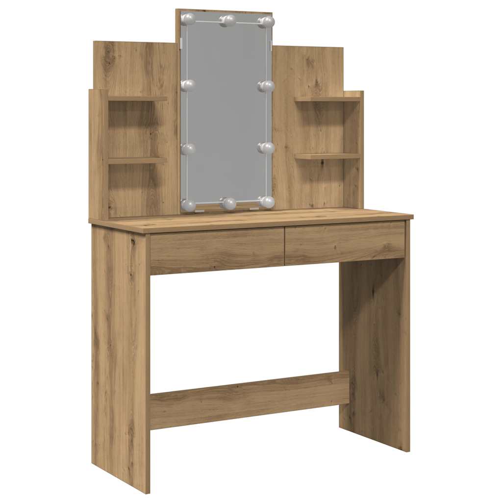 makeupbord med LED-lys 96x40x142 cm kunsteg