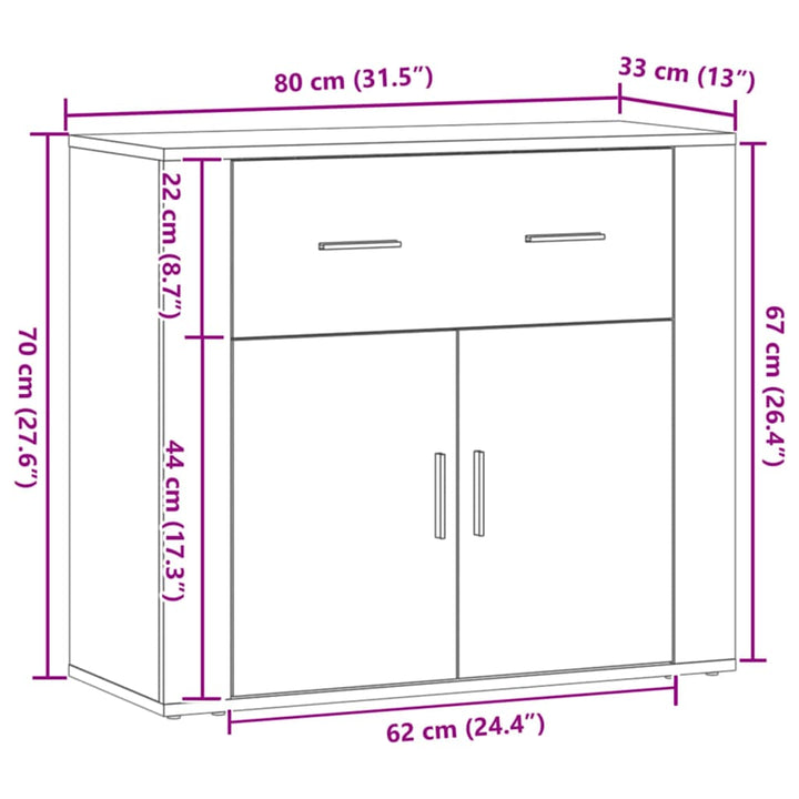 skænk 80x33x70 cm konstrueret træ egetræsfarve