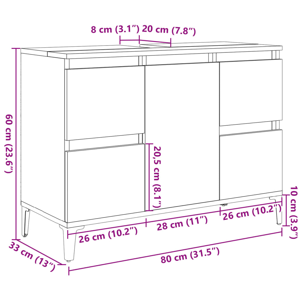 underskab til håndvask 80x33x60 cm konstrueret træ betongrå