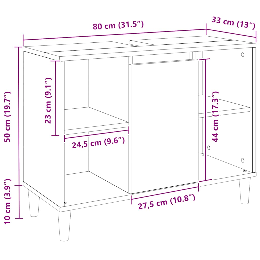 badeværelsesskab 80x33x60 cm konstrueret træ egetræsfarve