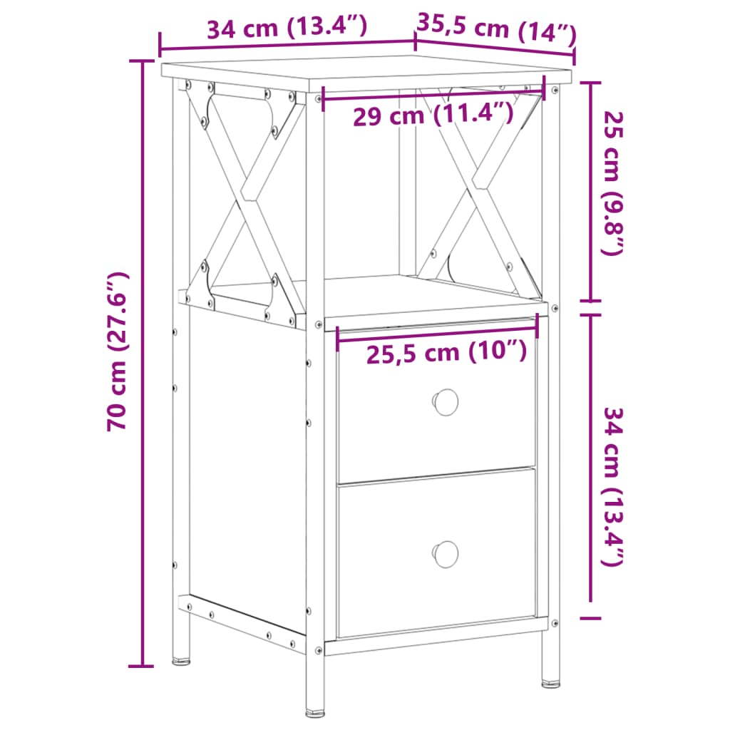 sengeborde 2 stk. 34x35,5x70 cm konstrueret træ antikt trælook