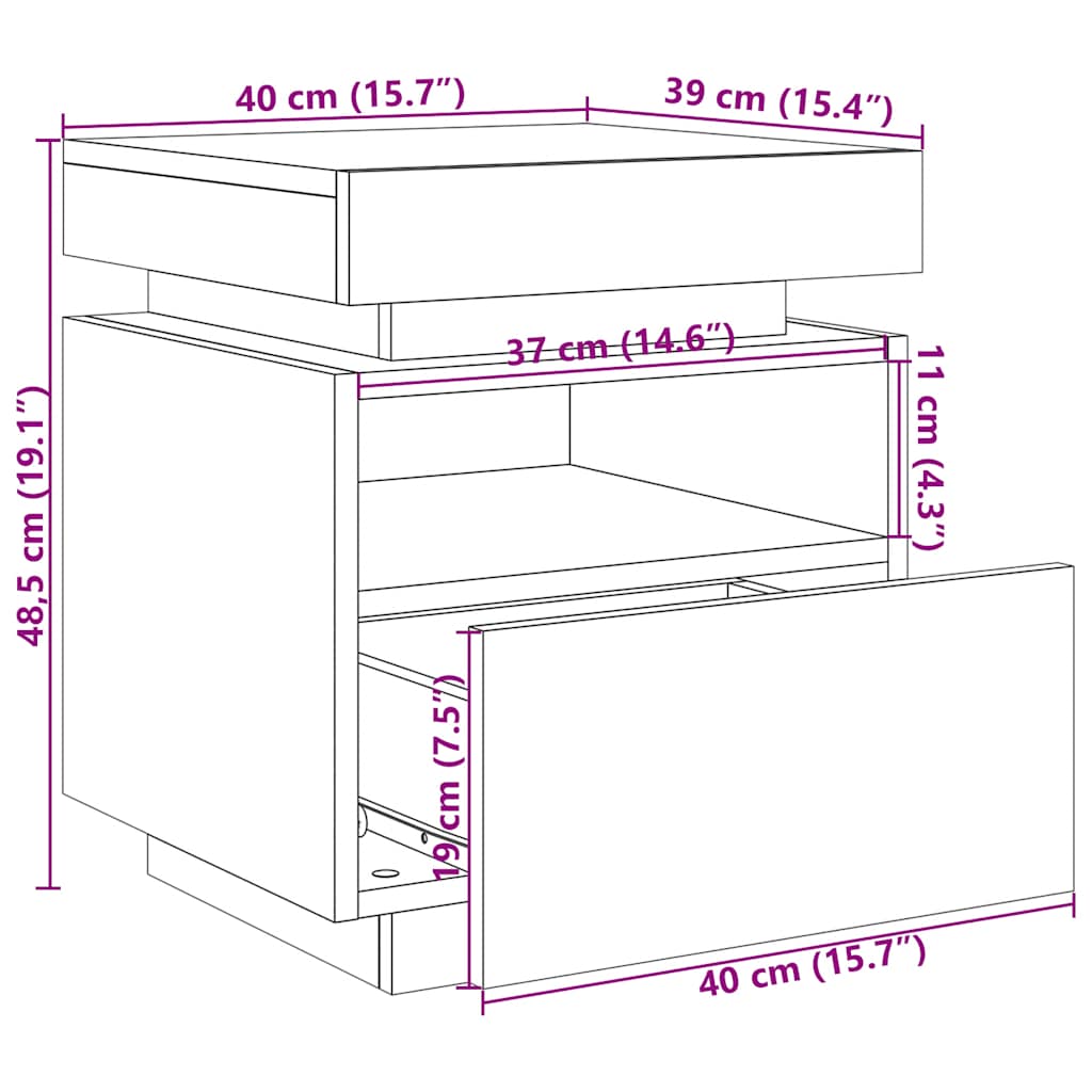 sengebord med LED-lys 40x39x48,5 cm antikt træ