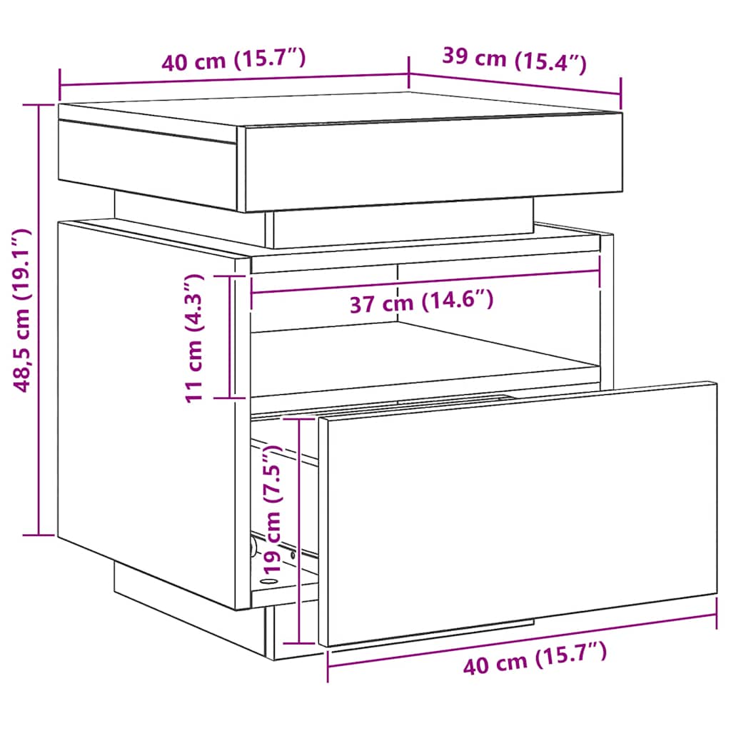 sengebord med LED-lys 40x39x48,5 cm kunsteg