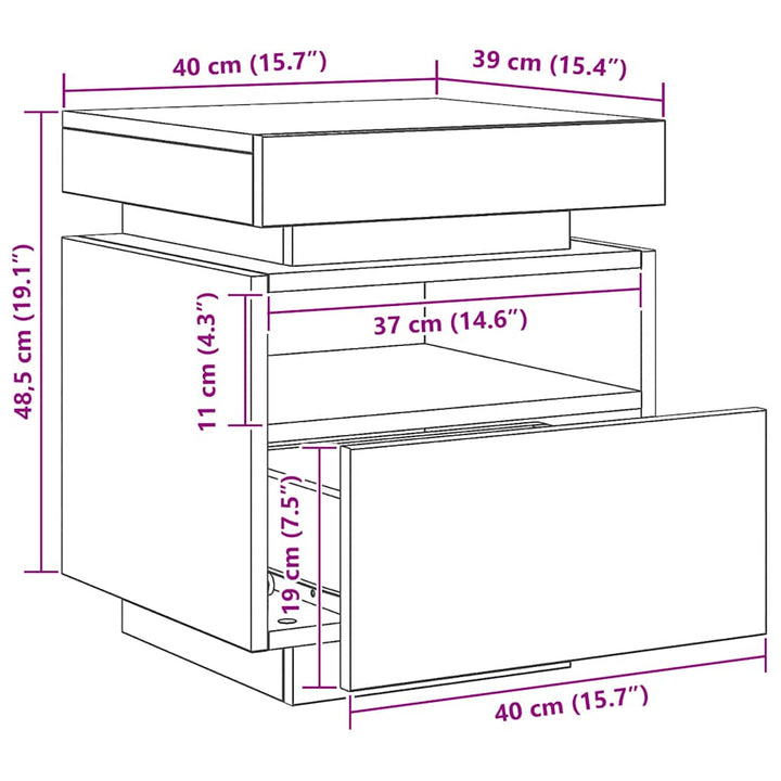 sengebord med LED-lys 40x39x48,5 cm kunsteg
