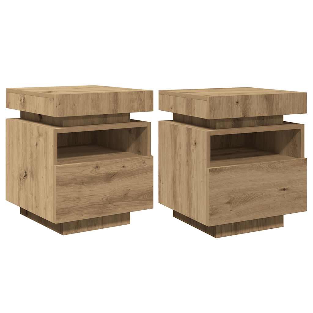 sengeborde 2 stk. med LED-lys 40x39x48,5 cm kunsteg