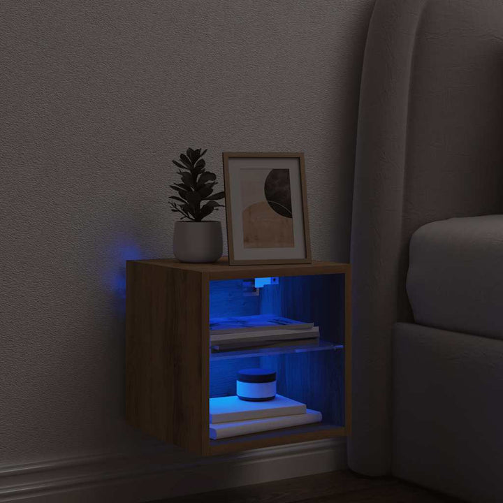 væghængt tv-bord med LED-lys 30x28,5x30 cm artisan egetræsfarve