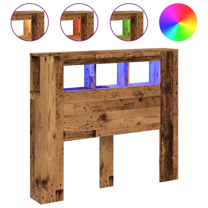 sengegavl med LED 120x18,5x103,5 cm konstrueret træ antikt træ