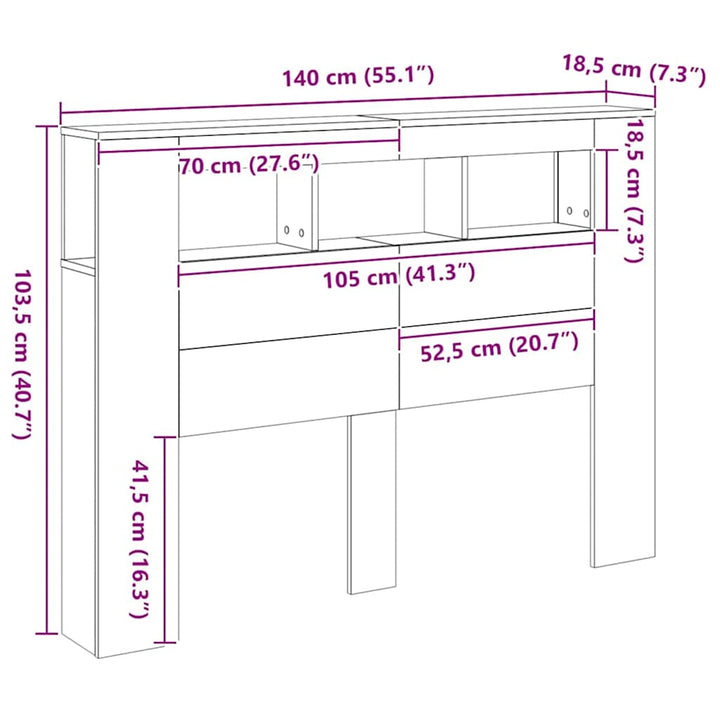 sengegavl m. LED-lys 140x18,5x103,5 cm konstrueret træ kunsteg