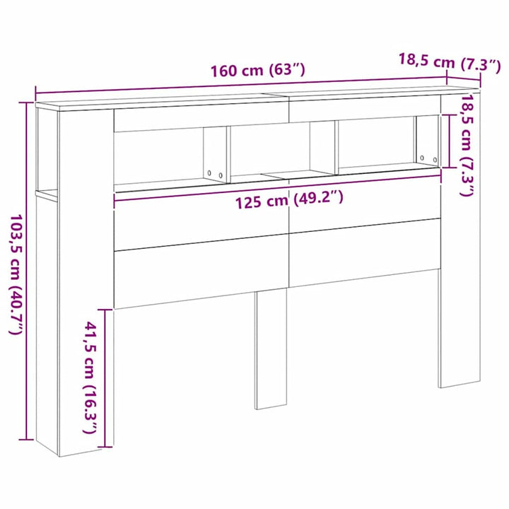 sengegavl m. LED-lys 160x18,5x103,5 cm konstrueret træ kunsteg