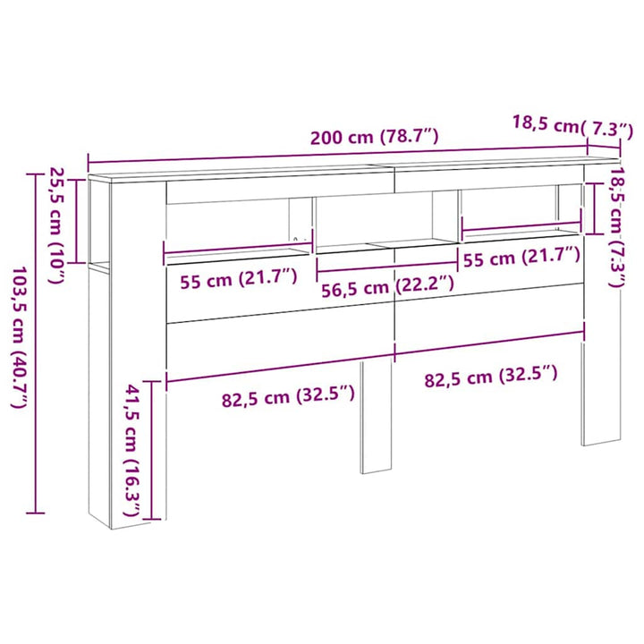 sengegavl m. LED-lys 200x18,5x103,5 cm konstrueret træ kunsteg
