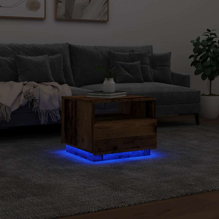 sofabord med LED-lys 50x49x40 cm gammelt træ-look
