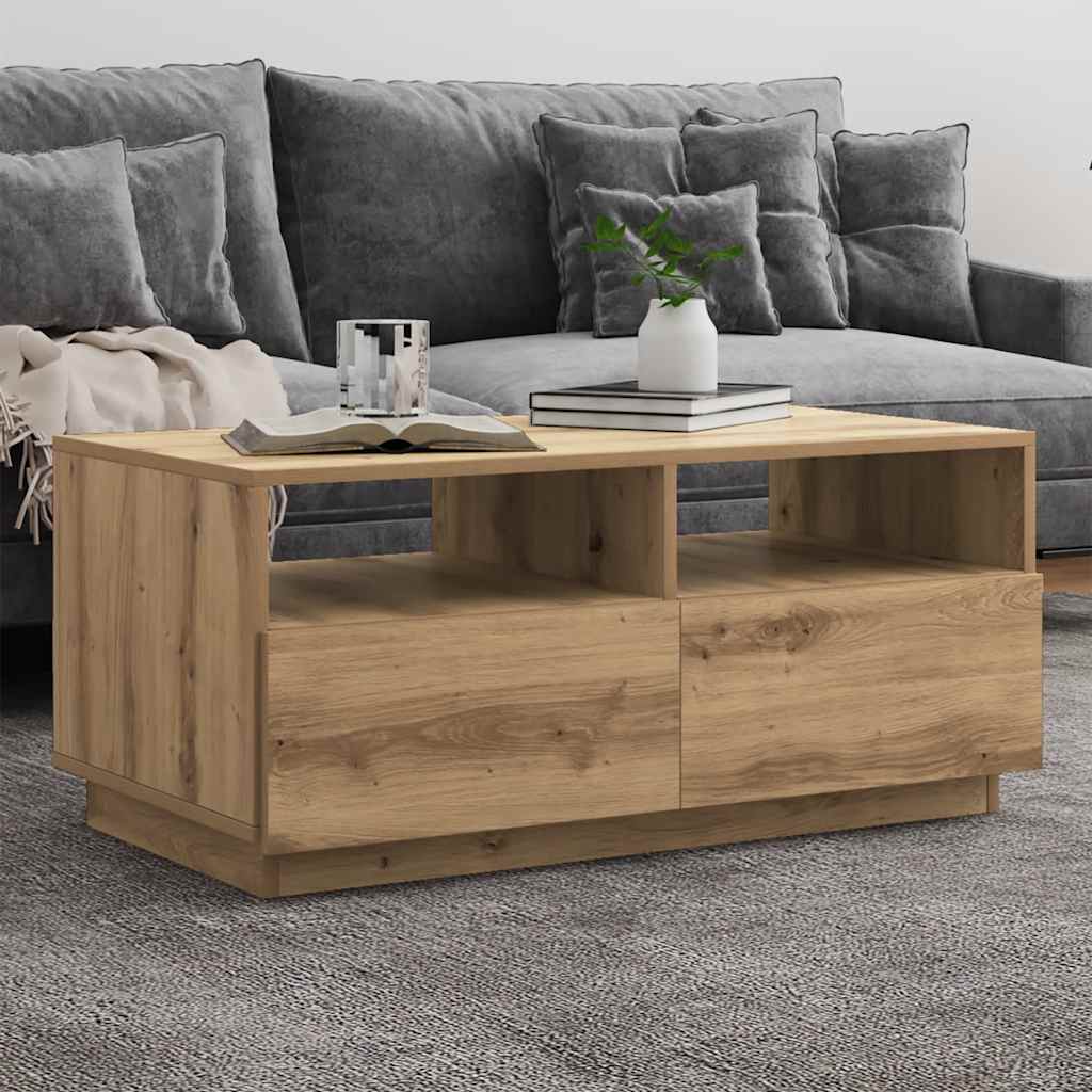 sofabord med LED-lys 90x49x40 cm egetræsfarvet