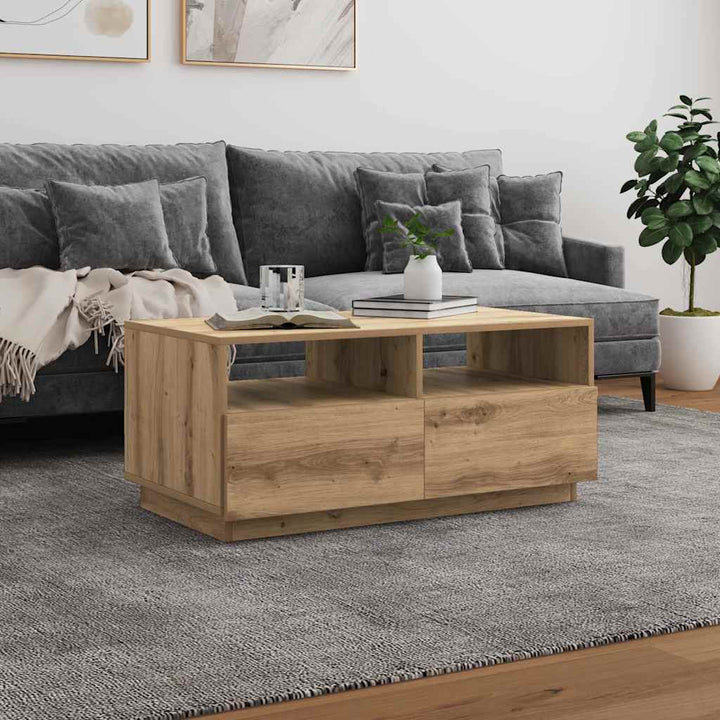 sofabord med LED-lys 90x49x40 cm egetræsfarvet