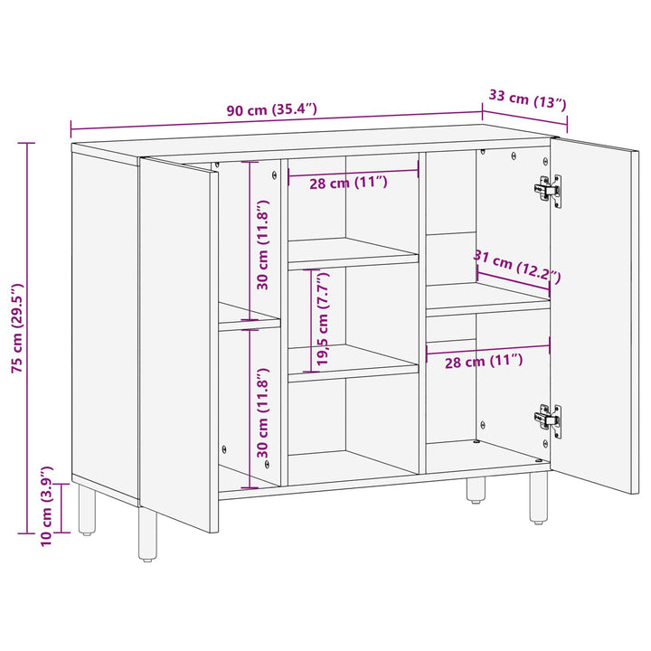 Sideboard Hvid Vask Finish 90 x 33 x 75 cm Massivt mangotræ