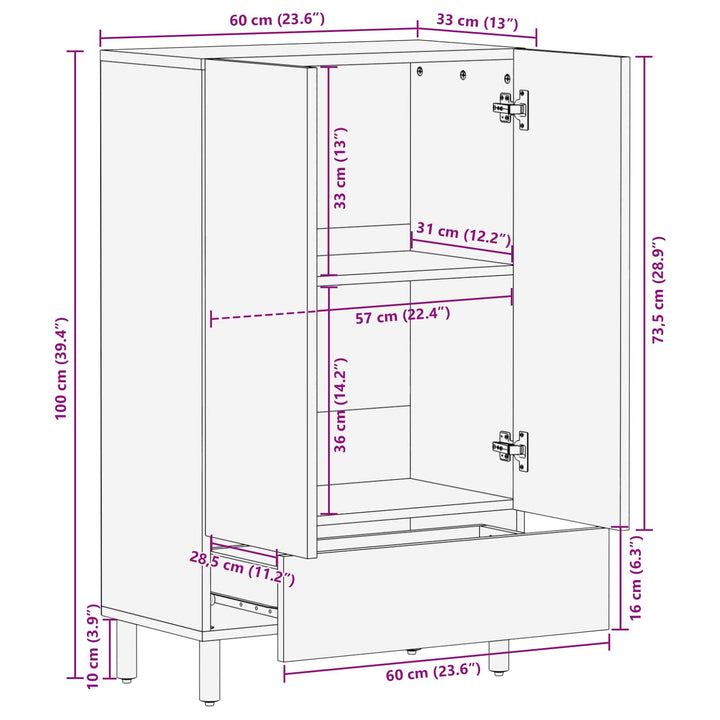 Highboard Hvid Vask Finish 60 x 33 x 100 cm Massivt mangotræ