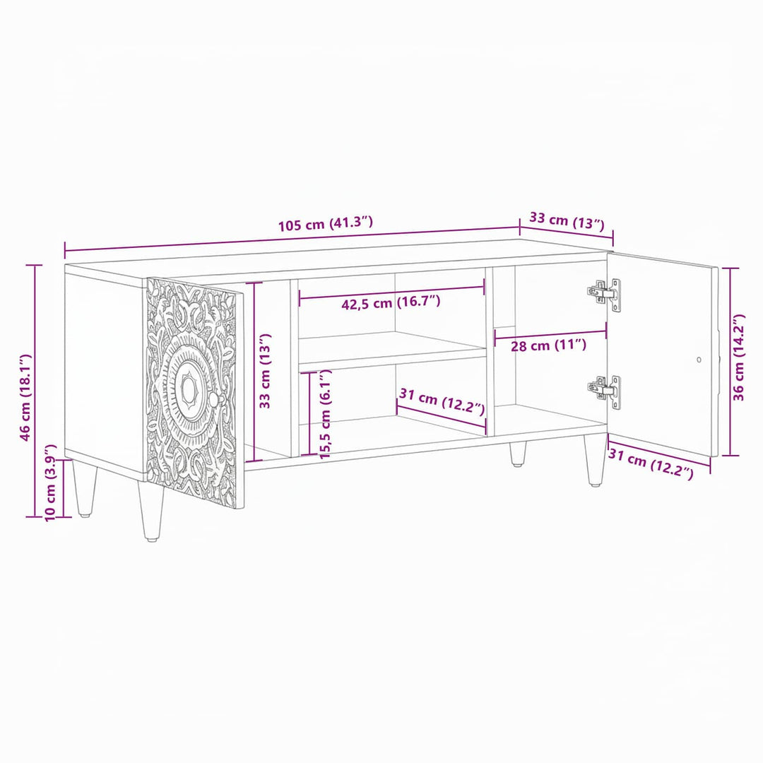 TV-skab med opbevaring Hvid 105 x 33,5 x 46 cm Massivt mangotræ
