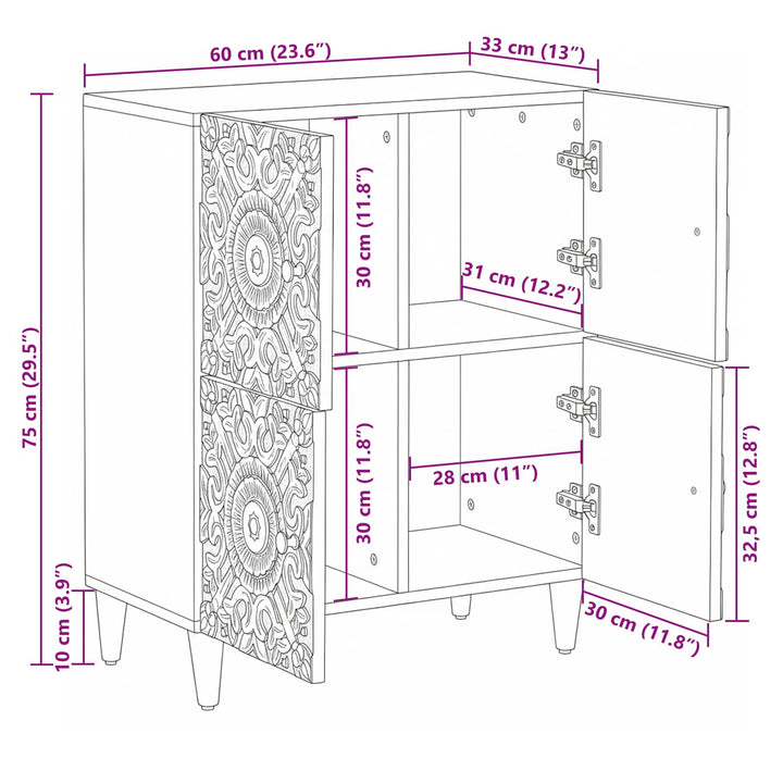 Sideboard med dør Hvid 60 x 33,5 x 75 cm Massivt mangotræ