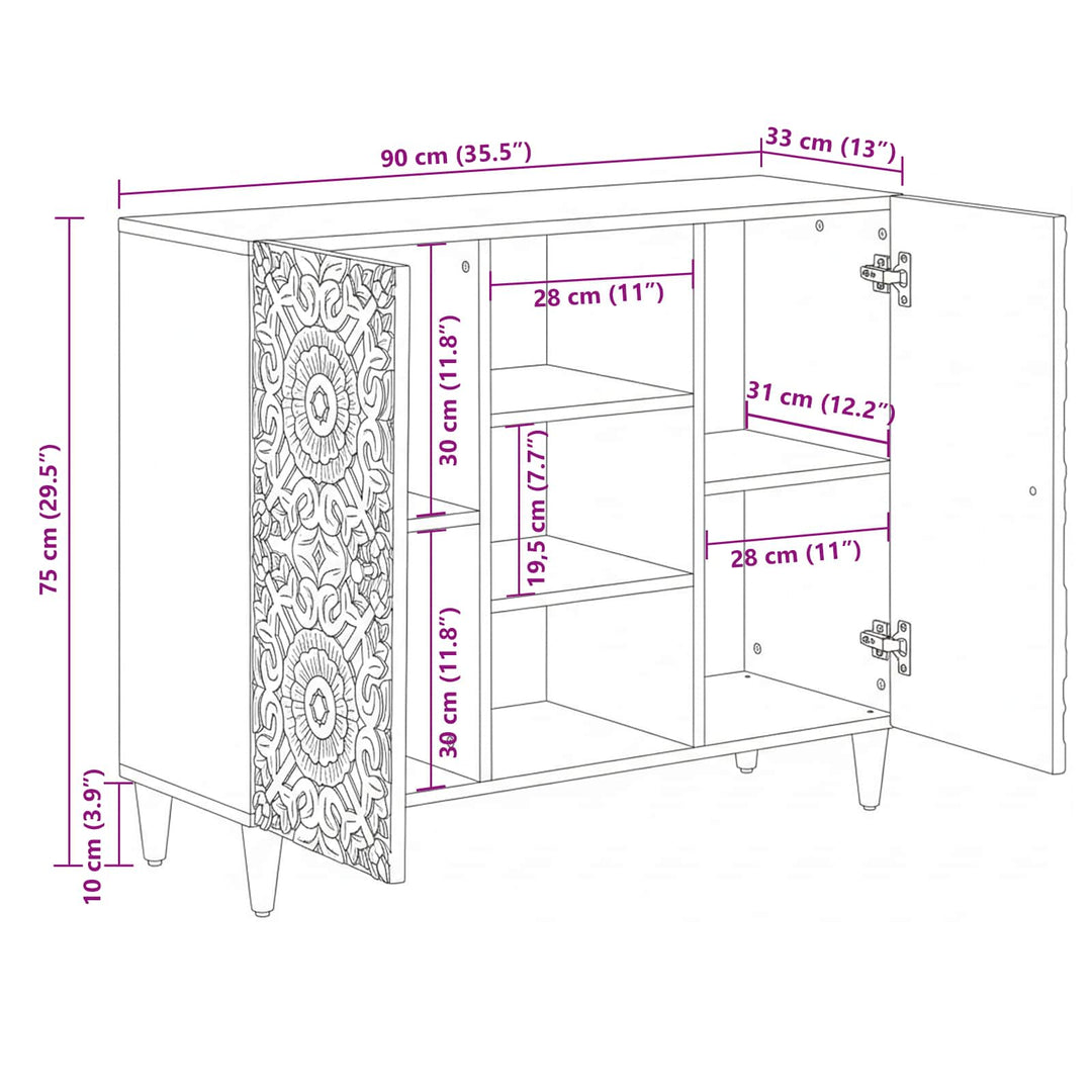 Sideboard med hylde Hvid 90 x 33,5 x 75 cm Massivt mangotræ