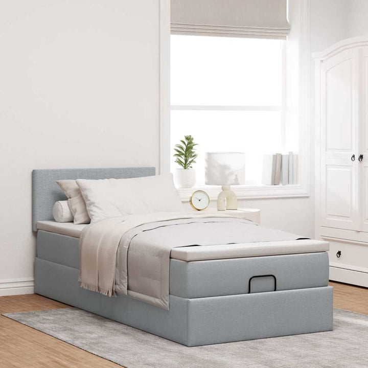 ottoman seng med madras 90x200 cm stof lysegrå
