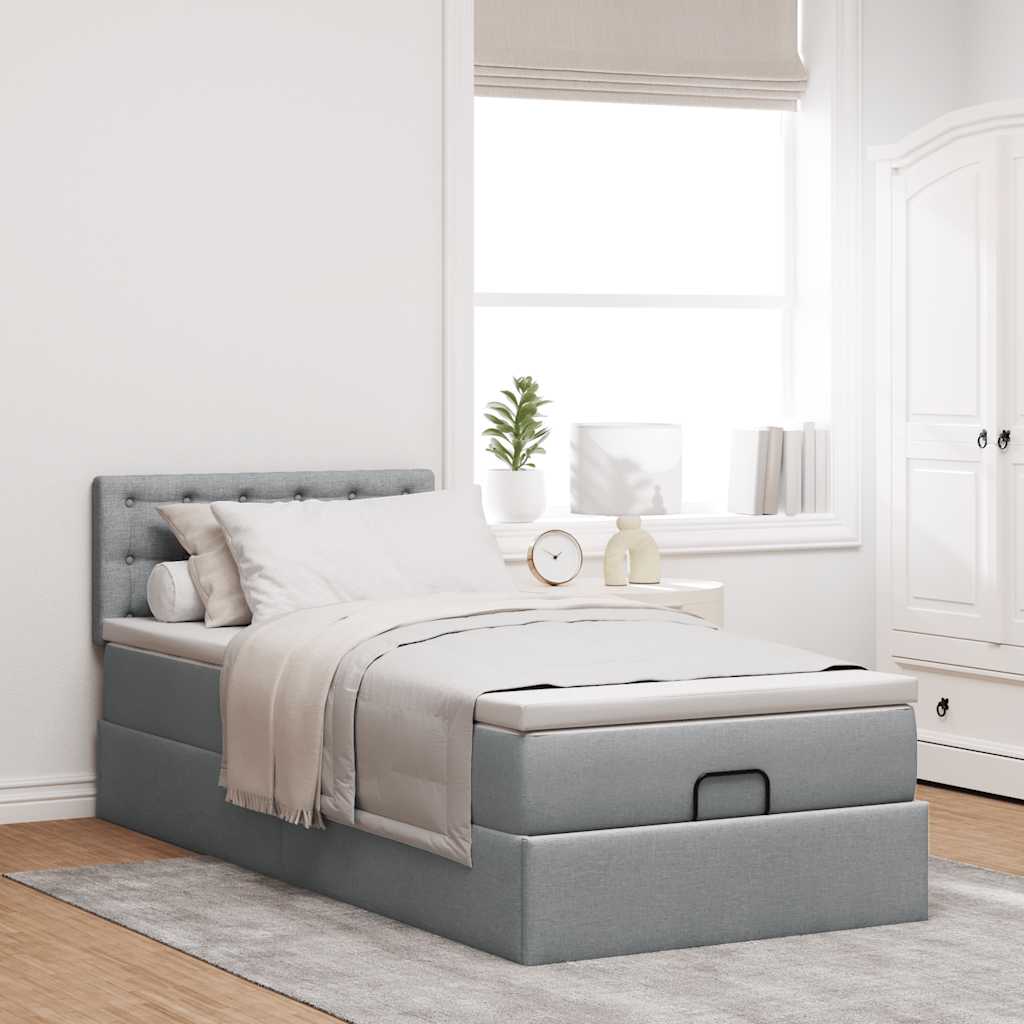 ottoman seng med madras 90x200 cm stof lysegrå