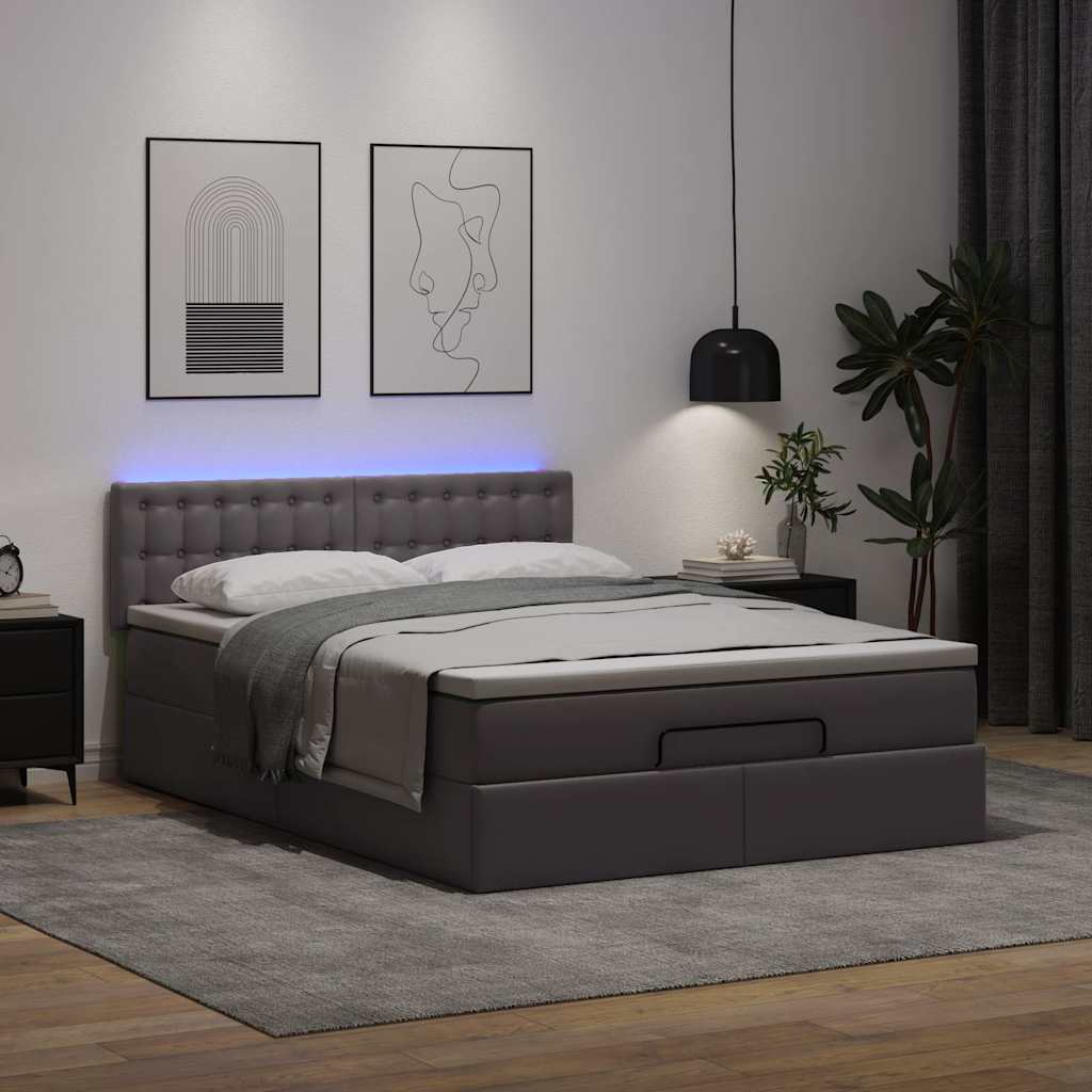 osmannisk seng med madrasser & LEDs 140x200 cm kunstlæder grå