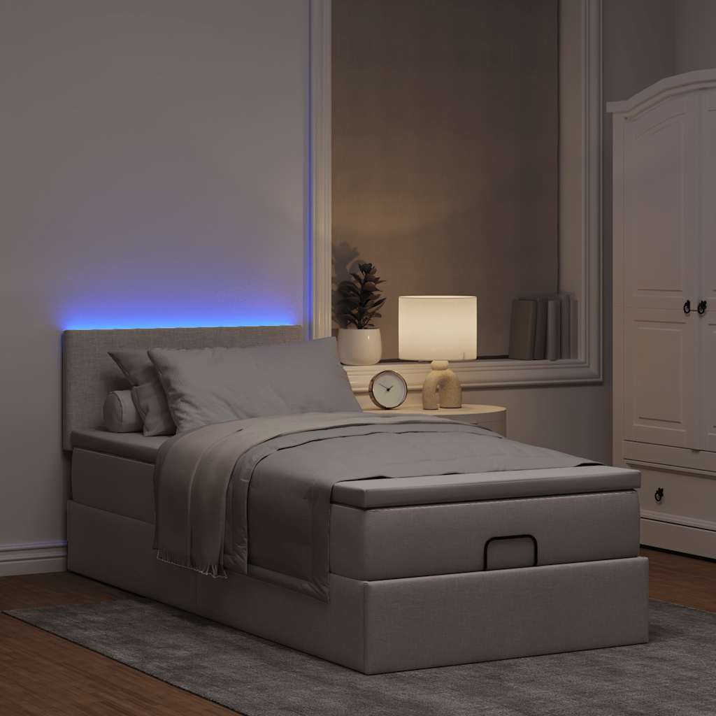 ottoman seng med madras & LEDs 90x200 cm stof gråbrun